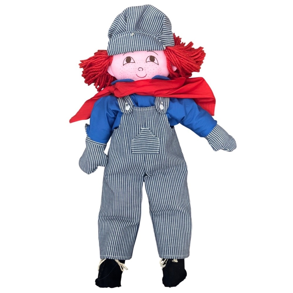 Vintage Handmade Engineer Rag Doll Red Yarn Hair Hickory‎ Stripe Overalls 23"